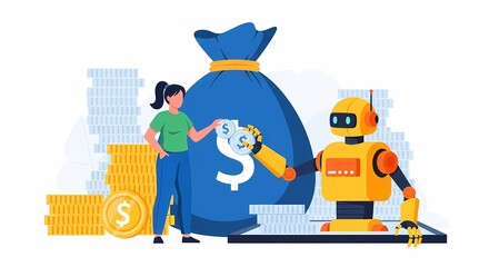 Woman and Robot Collaborating on Financial Growth with Money Bag and Coins AI Automation for Wealth Management