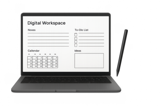 Laptop displaying digital workspace planner with stylus
