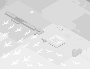 Aerial view of a bustling airport with multiple airplanes circling above the runway. The monochrome black and white composition creates a classic and timeless urban scene.