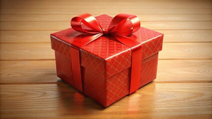 Decorative red gift box with elegant ribbon tied in a bow on a wooden table