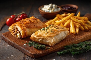Golden-brown savory pastries with crispy fries, herbs, and sauces