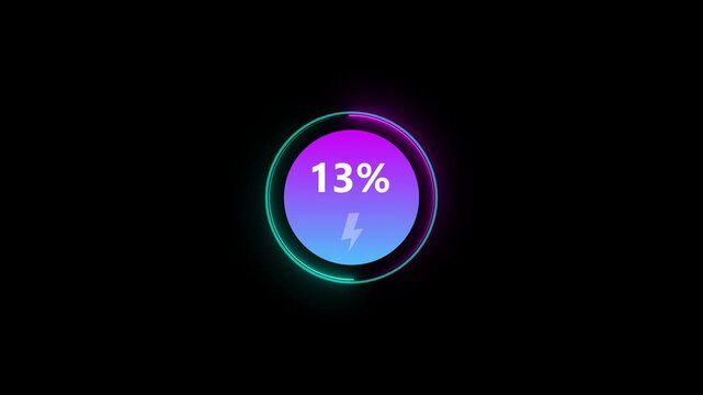 Neon Glowing loading animation counting from 0 to 21% percent. Charging screen 21% percent, screen call phone display charging battery on black background.