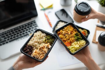 Two hands hold takeout meals and coffee near a laptop and desk items