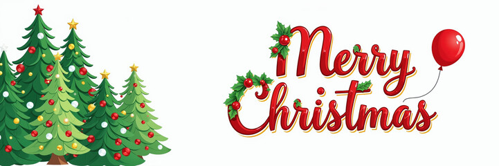 Obraz premium Green Christmas trees decorated with ornaments, stars, and lights, with Merry Christmas in red letters and a red balloon.