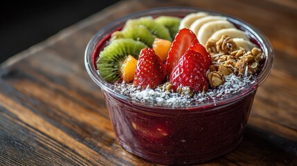 Acai bowl with kiwi, bananas, strawberries, granola, coconut flakes toppings. Use for food blogs, healthy lifestyle articles or menu illustrations.