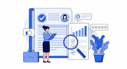 Businesswoman Analyzing Performance Metrics and Conducting HR Evaluation with Magnifying Glass Checklist and Thumbs Up Icon