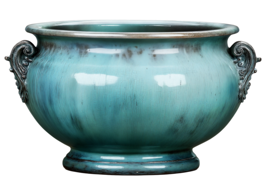 Light teal blue glazed ceramic planter urn vase with ornate silver handles antique distressed finish isolated transparent background.