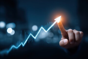 Guiding Financial Rise Touch Pointing to Ascent Arrow Charting Course Towards Progress Finger on Ascending Trajectory Illuminating Financial Brightness Goal Achievement