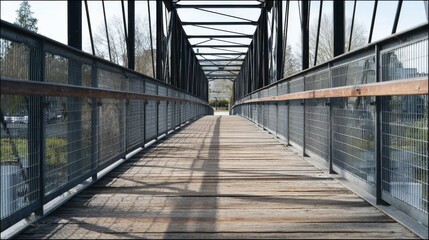 A symmetrical, wooden-decked bridge with metal railings and a structural framework, leading to an obscured horizon