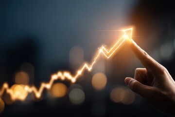 Glowing Growth Arrow Touching by Human Hand Depicting Business Success, Financial Gain, and Market Trend on Abstract Dark Bokeh City Lights Background