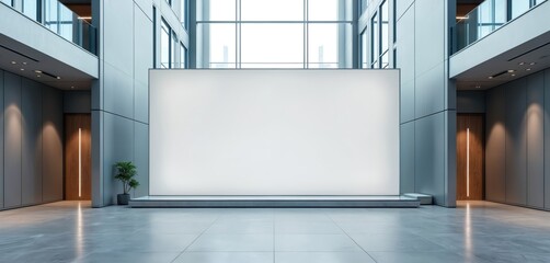 Modern office lobby features large blank white screen wall mockup. Symmetrical corporate architecture design creates empty presentation space. Tall windows bring natural light into building interior.