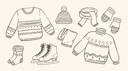 Vintage Hand Drawn Winter Clothes and Accessories Doodle Set