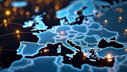 Digital map of Europe displays glowing blue country outlines, bright light points. Connect European nations, data transfer, modern network communication. Abstract visual cyber tech, global business
