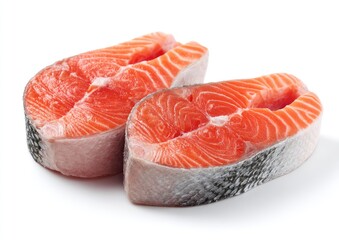 Two fresh salmon steaks with vibrant orange flesh and skin detail
