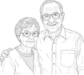 A smiling elderly couple in a loving embrace depicted as a detailed black and white line art portrait.