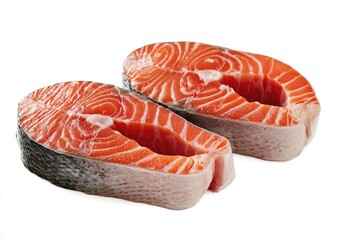 Two vibrant, raw salmon steaks with bright orange flesh and skin