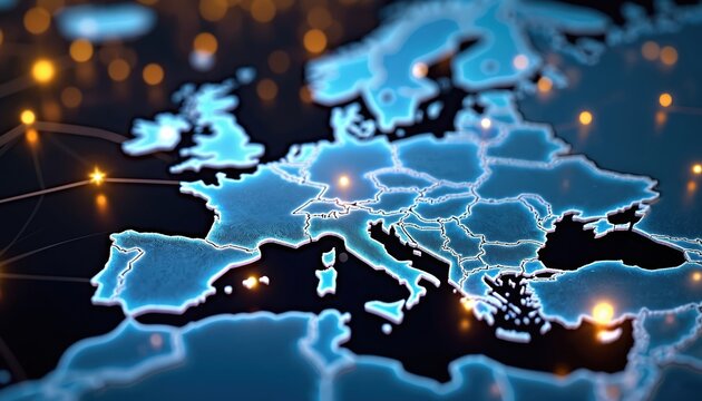 Digital map of Europe displays glowing blue country outlines, bright light points. Connect European nations, data transfer, modern network communication. Abstract visual cyber tech, global business