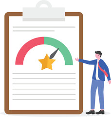 Businessman adjusting progress indicator needle marked with star illustration of business quality improvement progress
