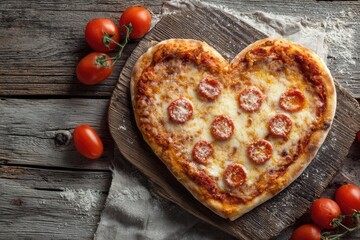 Heart-shaped pepperoni pizza with tomatoes on a rustic wooden board