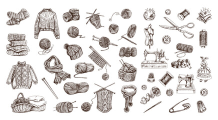 Vintage Hand Drawn Sewing and Knitting Icons in Sketch Engraving Style