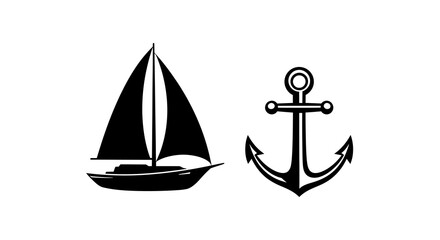 Nautical silhouette design with sailboat and anchor icons for marine themes