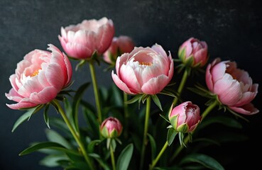 Obraz premium Pink peonies in full bloom against a dark background. Delicate flower petals soft colors create an elegant artistic photo. The floral arrangement conveys beauty and aesthetic appeal.