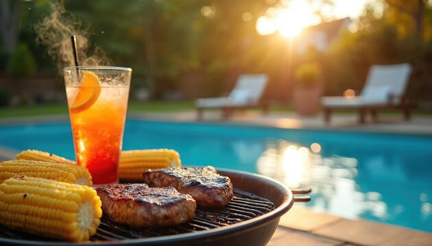 Barbecue scene with grilled meat and corn on the cob by a pool. Refreshing drink with orange slice on a hot summer day. Backyard cookout party with tasty food.