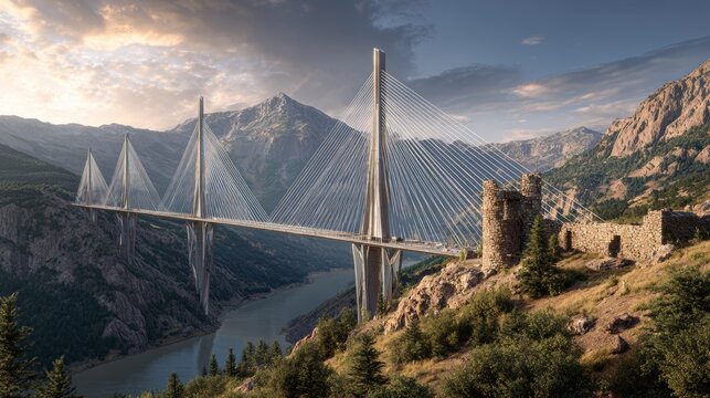 A modern cable-stayed bridge spans a deep canyon, set amidst rugged mountains and an ancient stone fortress, under a sunset sky - Powered by Adobe