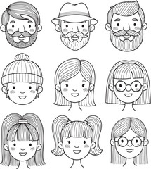 Collection of nine handdrawn doodle character faces Black and white line art of diverse men women and girls with happy expressions.