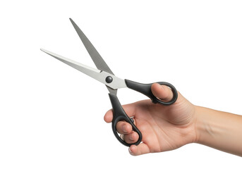 A hand holding open scissors isolated on transparent background