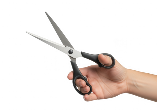A hand holding open scissors isolated on transparent background