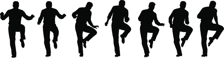 Male Walking Silhouette Collection, Seven Men in High-Step or Marching Motion, Performing a Dynamic Stride or Dance Step, Vector Graphic Set.
