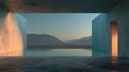 Fototapeta premium Modern Concrete Structure With Infinity Pool Overlooking Mountains At Sunset architecture interior