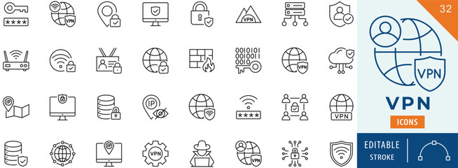 VPN icon collection set. Editable stroke.