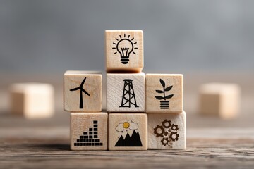 Sustainable Development Icons: Wood Blocks Stacked with Light Bulb, Wind Turbine, Oil Rig, Plant, Graph, Sun, Gears Symbolizing Renewable Energy, Eco-Friendly Practices, and Industrial Processes