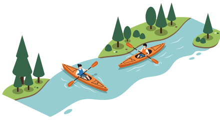 Kayaking adventure on serene river in isometric forest landscape