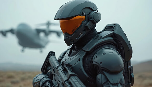 Futuristic soldier in advanced armor stands with rifle. Military transport aircraft flies overhead. Soldier wears helmet with orange visor in desert terrain. - Powered by Adobe