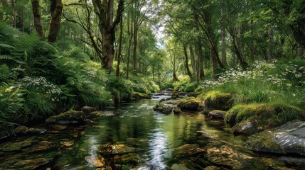 Lush, vibrant forest scene featuring a flowing stream reflecting sunlight. Green foliage abounds, creating a tranquil, natural environment