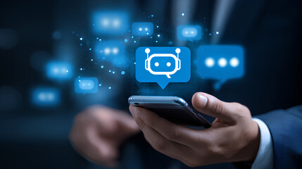 AI assistant interaction, Person using smartphone chatbot powered by artificial intelligence. Virtual assistant apps, smart support systems, machine learning, digital communication concepts.