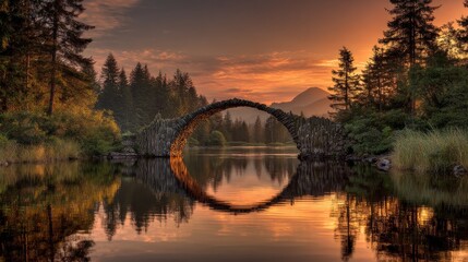 A stone arch bridge reflects perfectly in still water at sunset. Trees line the banks, mountains in the distance