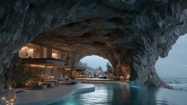Cliffside Cave Modern House Infinite Pool: Dramatic rock outcrop residence with multi-level glass facades, infinity pool overlooking crashing ocean waves, sunset sky, potted greenery, and curved stone