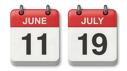 Calendar pages displaying June 11 and July 19, marking time and scheduling events.