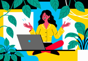 Woman in Home Office, Online Meeting with Laptop and Plants