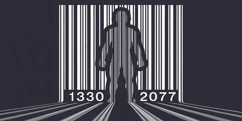 Obraz premium Human figure depicted as a barcode, symbolizing dehumanization and data reduction within a digital framework.