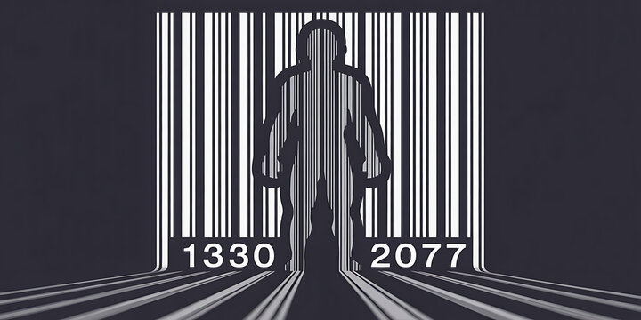 Human figure depicted as a barcode, symbolizing dehumanization and data reduction within a digital framework.