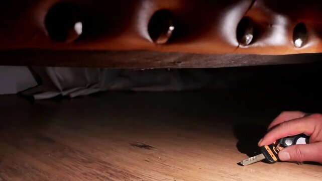 Retrieving lost keys found under the sofa in a dark living room