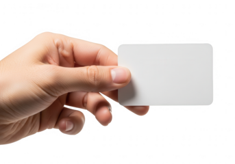 Hand holding a blank white card isolated on transparent background