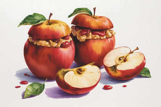 Apples filled with peanut butter and seeds, a sweet treat, fresh and vibrant.