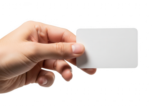 Hand holding a blank white card isolated on transparent background