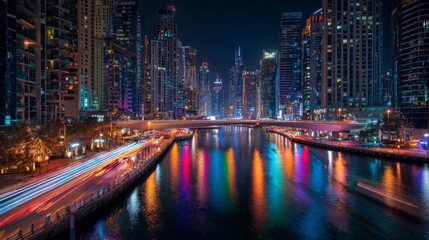 Naklejka premium Night cityscape with skyscrapers lining a waterway, lights reflecting in water, blurred traffic, and a bridge